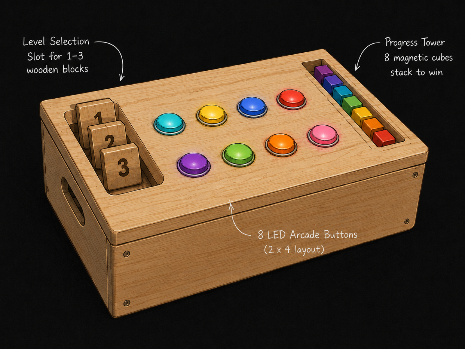 Figure 1&colon; Early concept rendering. Note two ideas we later dropped&colon; wooden blocks for level selection (left) and a magnetic 