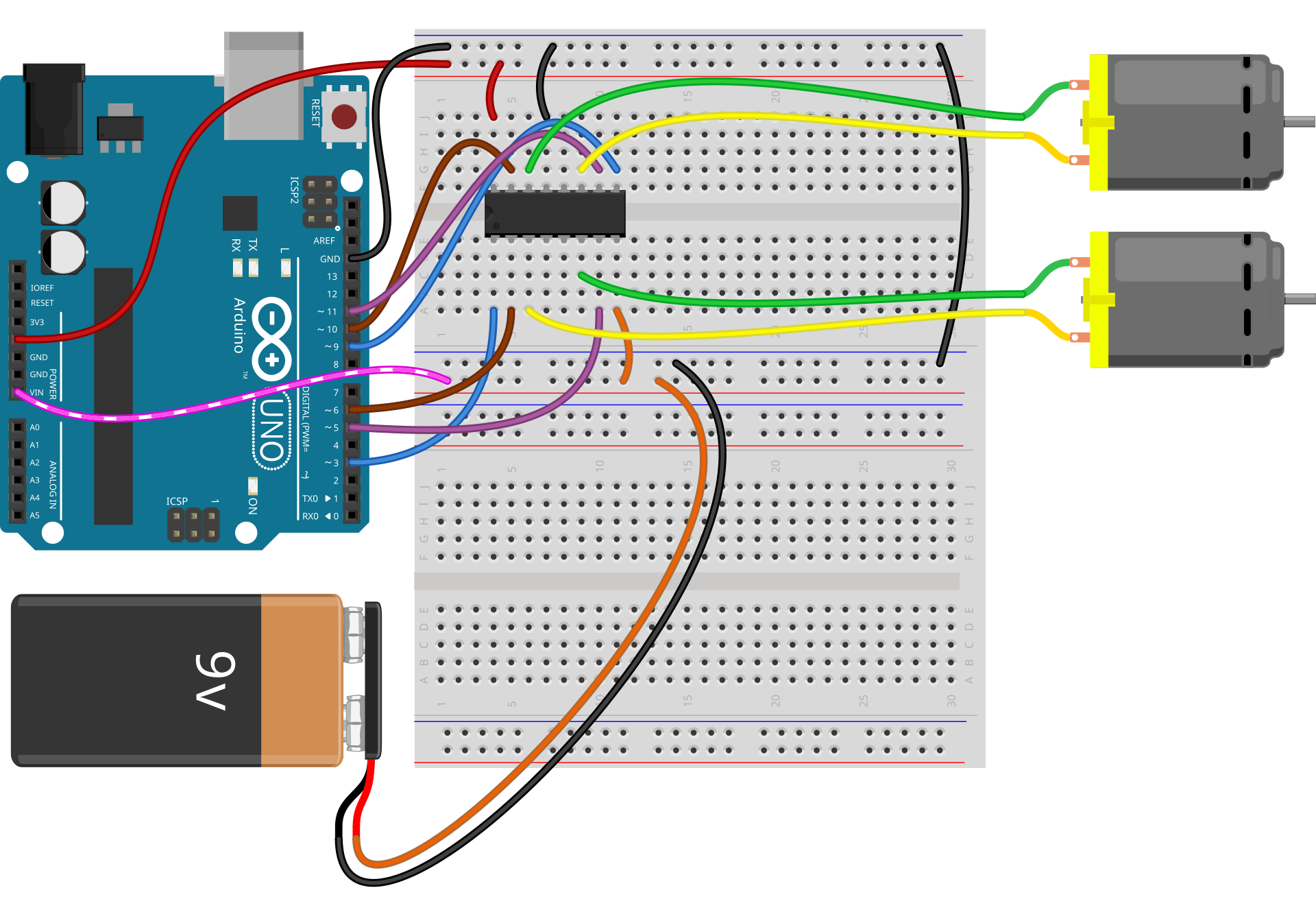 Figure 5: Fritzing breadboard view as an example of digital circuit documentation and communication. Image: fritzing.org, Wikimedia Commons, CC BY-SA 4.0.